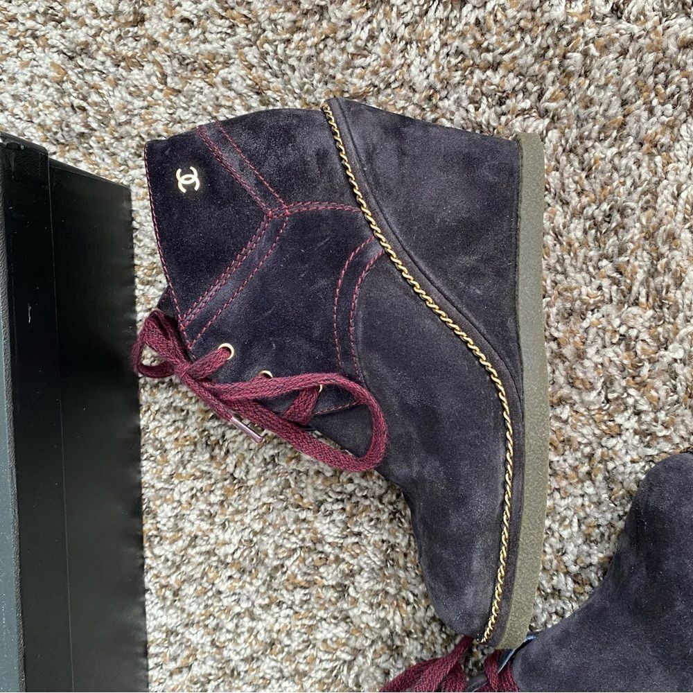 Chanel Lace Up Suede Calfskin Chain Wedge Booties - Picture 2 of 14